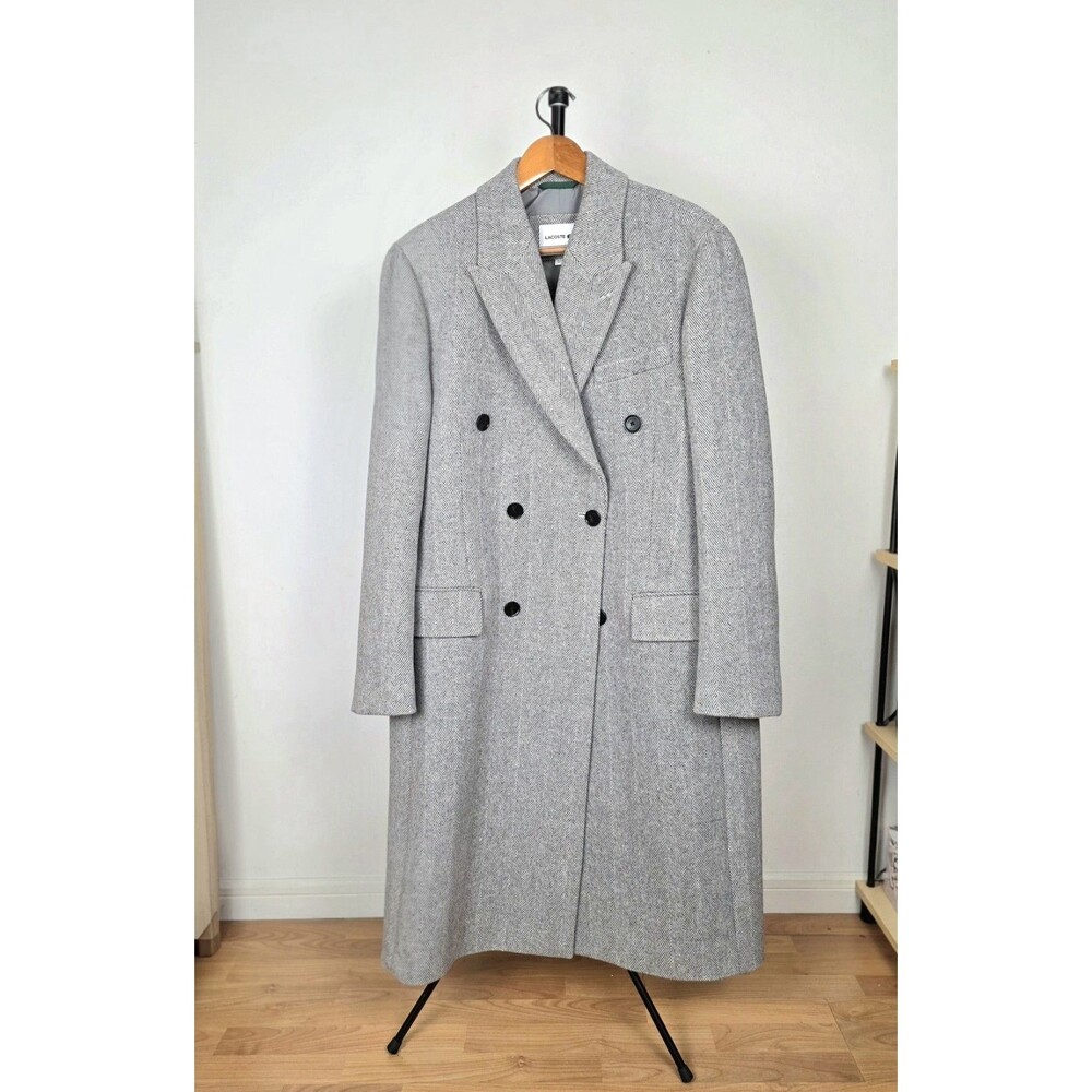 Lacoste Mens Wool Coat Long Double Breasted Herringbone Overcoat Gray L